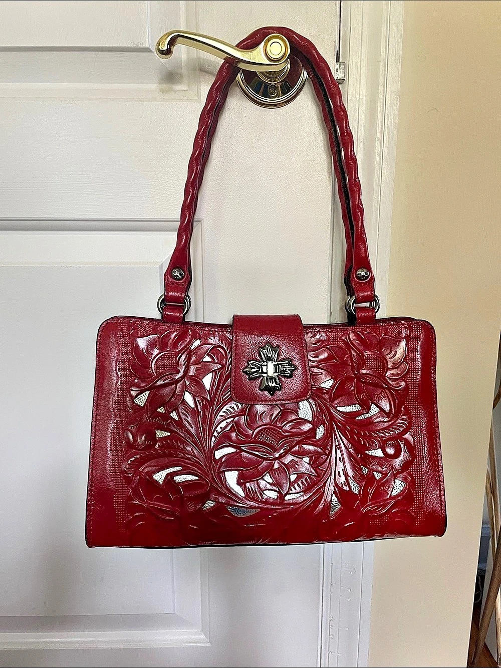 Patricia Nash Red Floral Leather Shoulder Bag